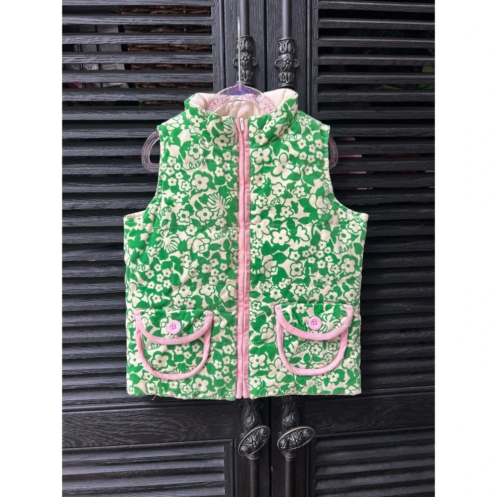 Lilly Pulitzer Girl 6 Floral Reversible Puffer Down Vest Green Pink